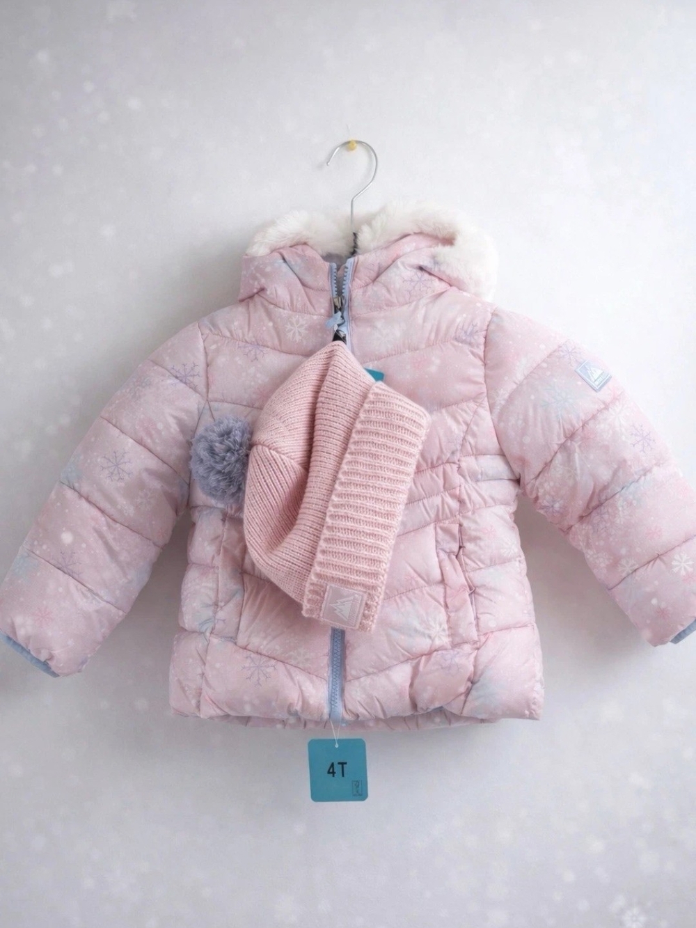 Snozu Girls Pink Winter Puffer Jacket with Matching Hat, Snowflake Print, 2T